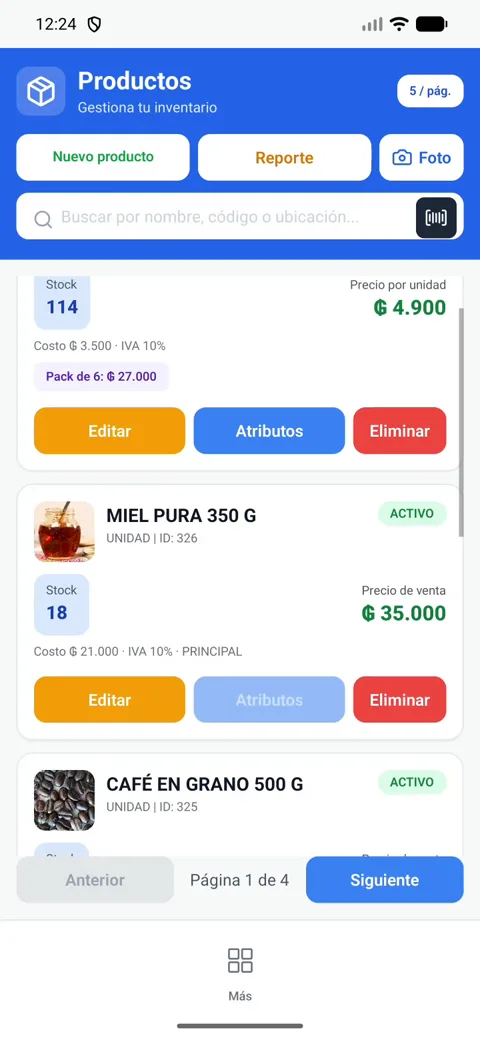 Catálogo de productos con foto, stock y precio en la app