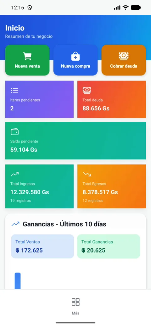 Pantalla de inicio de la app con ventas, deudas y ganancias